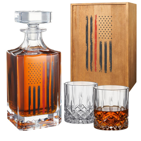 The Wine Savant firefighter decanter 730ml with flag design for elegant whiskey storage and display.