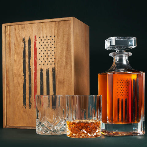 The Wine Savant firefighter flag-decanter front design highlights patriotic flair and craftsmanship.