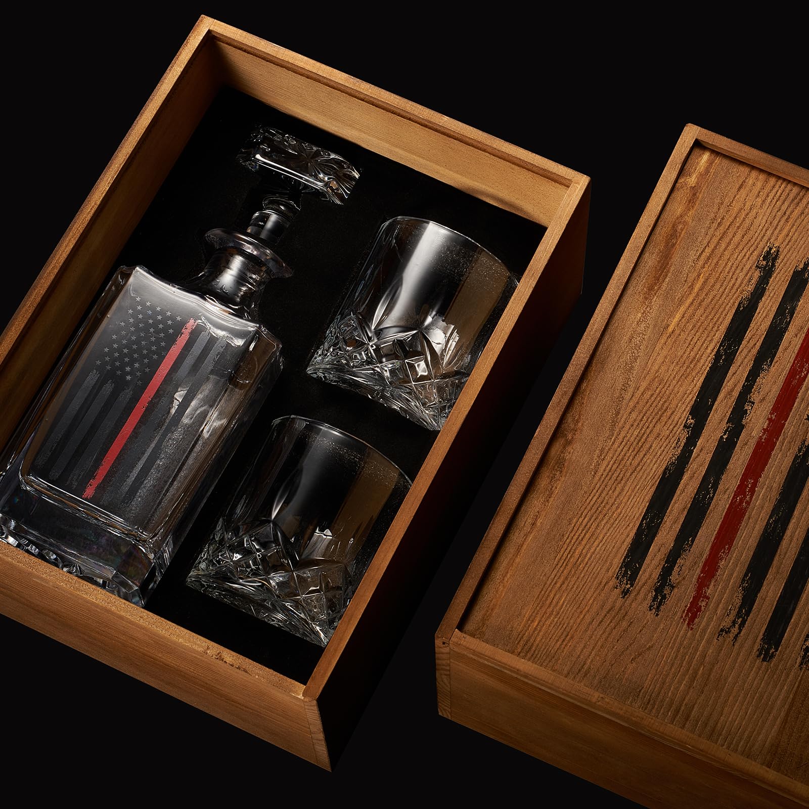 The Wine Savant firefighter flag glasses close-up show durable, readable flag design for everyday use.