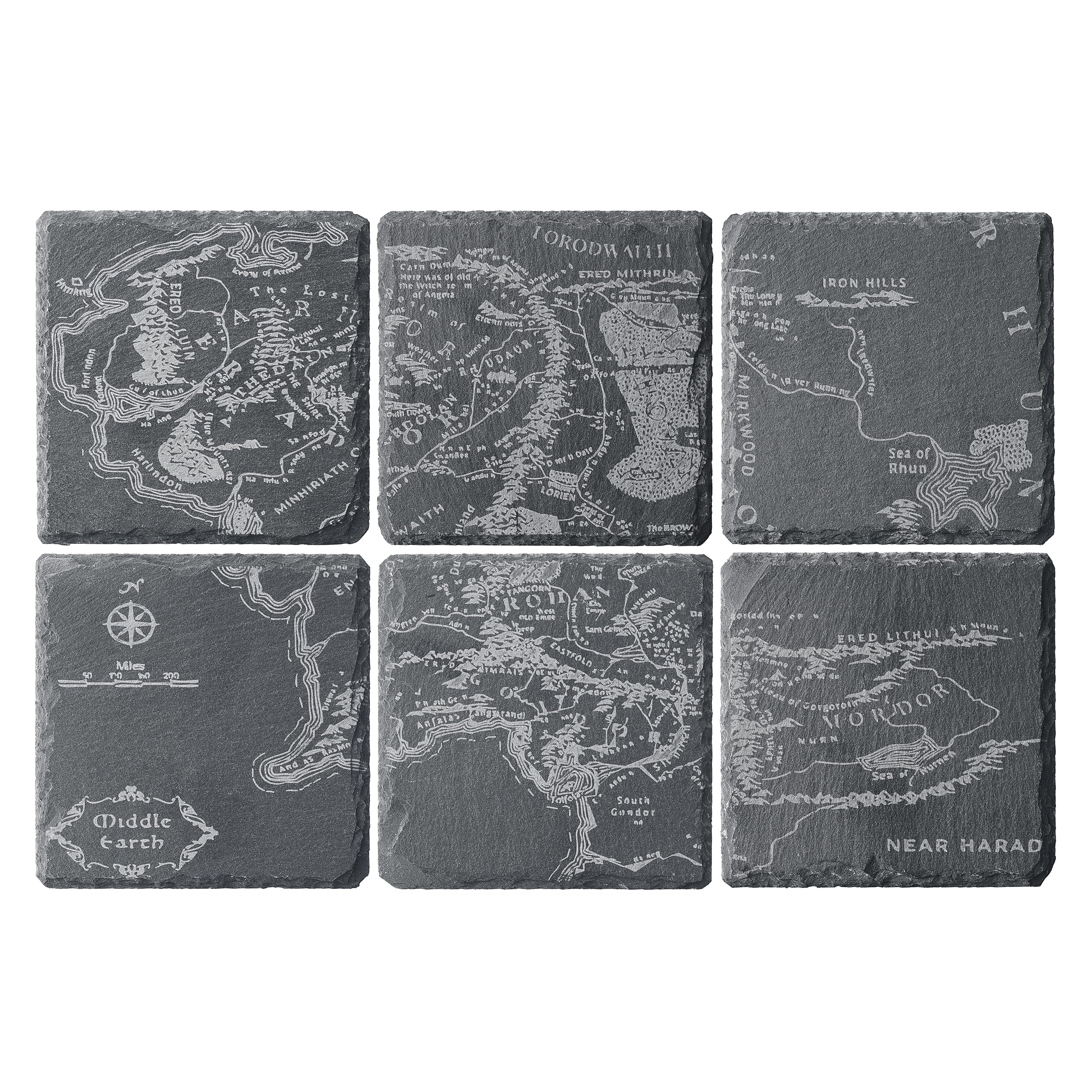 The Wine Savant LOTR map coaster engraving highlights a Middle Earth region for tabletop protection