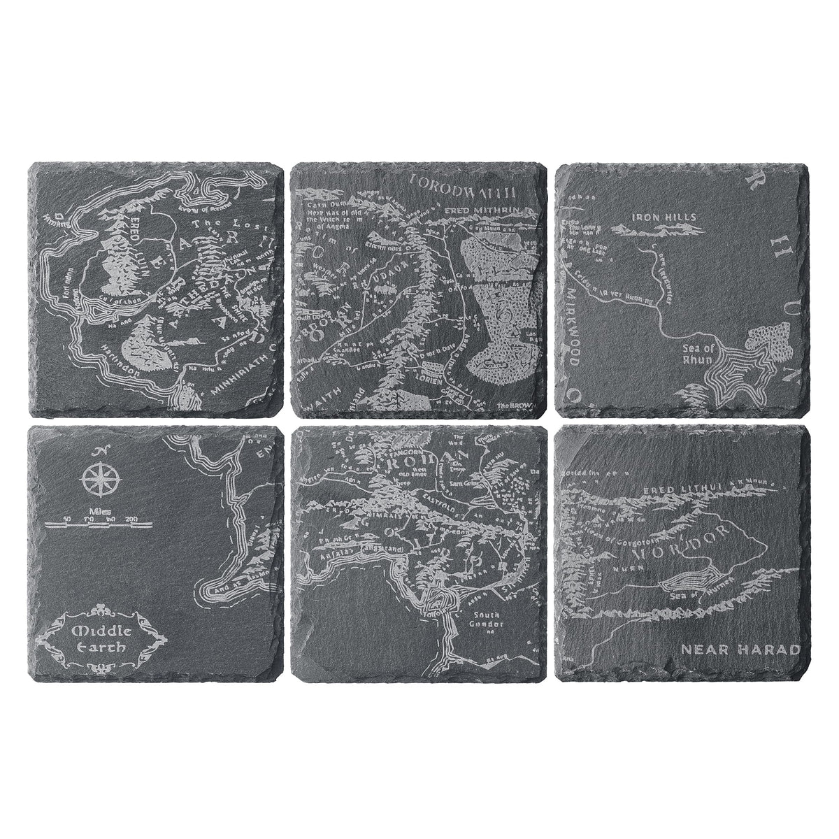 The Wine Savant LOTR map coaster engraving highlights a Middle Earth region for tabletop protection