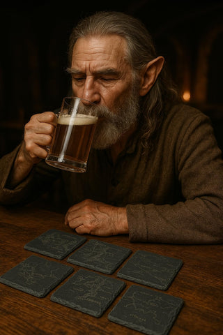 The Wine Savant LOTR map coaster displays Middle Earth terrain as a conversation-starting drink accessory