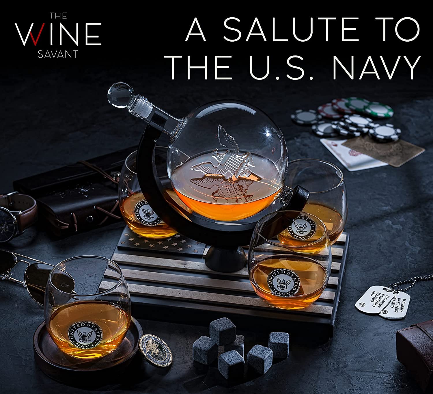 The Wine Savant mahogany base adds refined stability