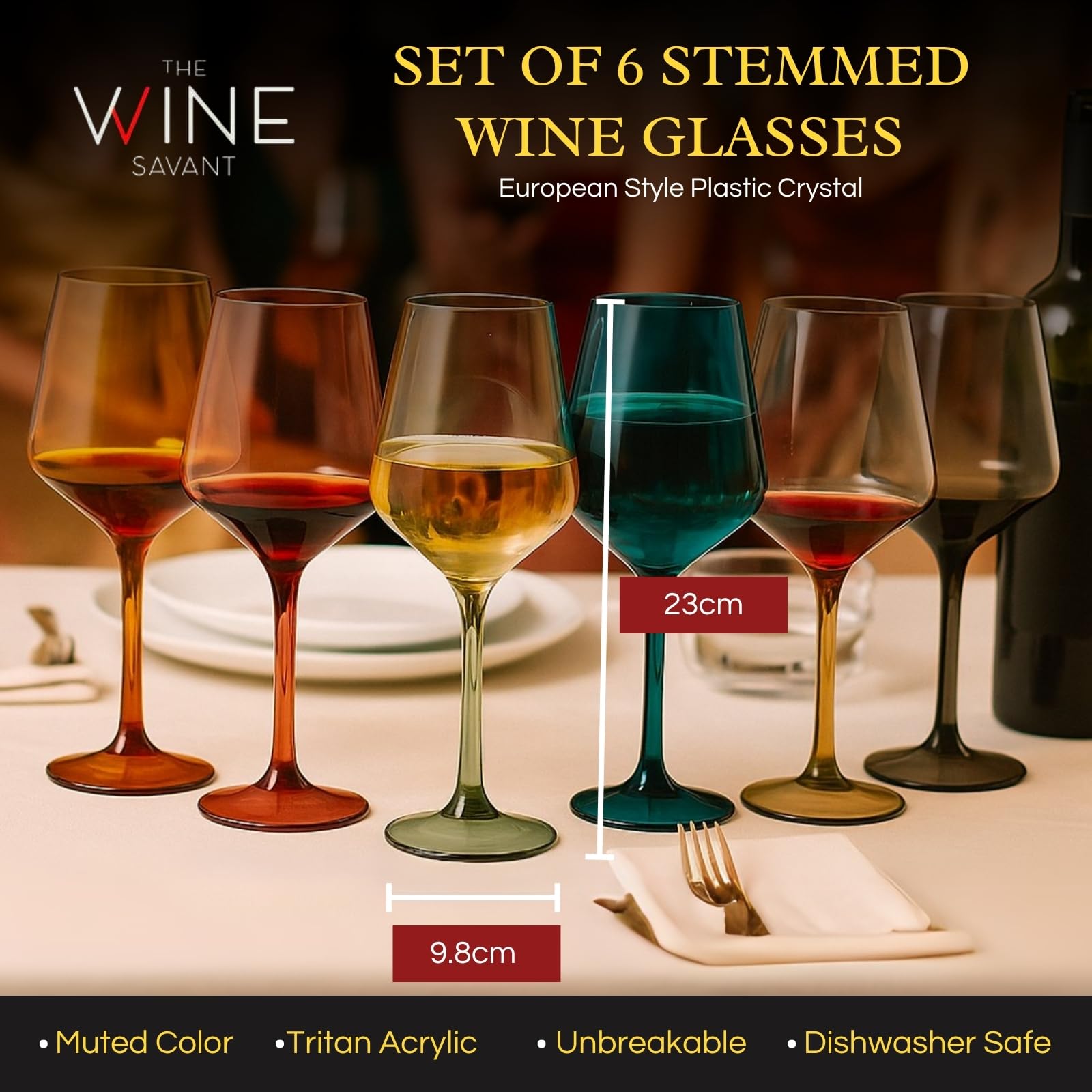 The Wine Savant multicolor plastic wine glass, 15oz, vibrant design, great for poolside sipping.