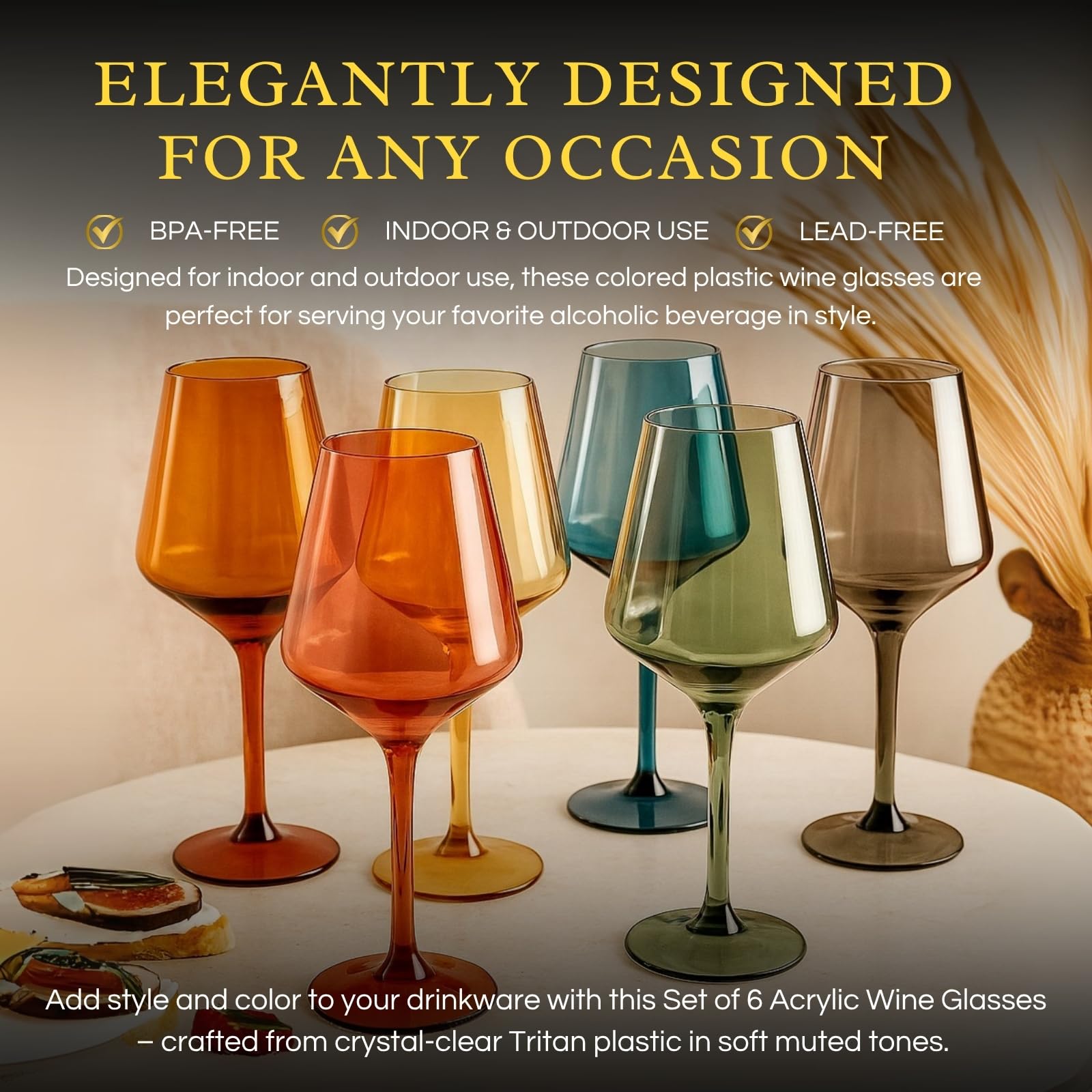 The Wine Savant muted color wine glass set6 on outdoor table, durable for lively gatherings.