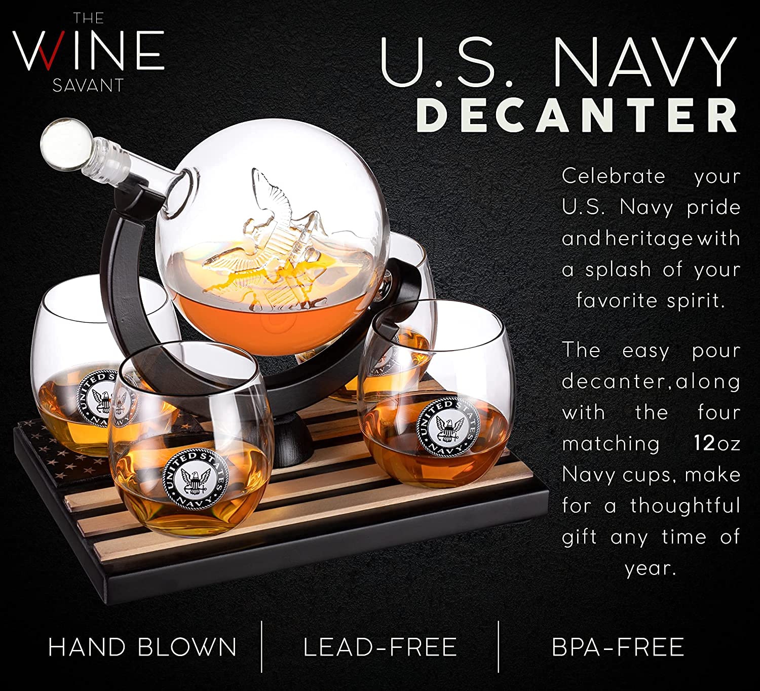 The Wine Savant Navy globe with four glasses for sharing pours