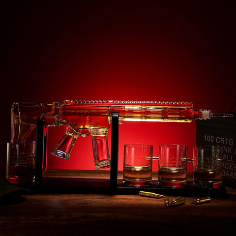 The Wine Savant wooden display stand keeps the set elegantly ready.