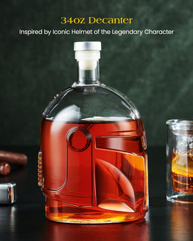The Wine Things decanter set on display enhances collection aesthetics in a bar area.
