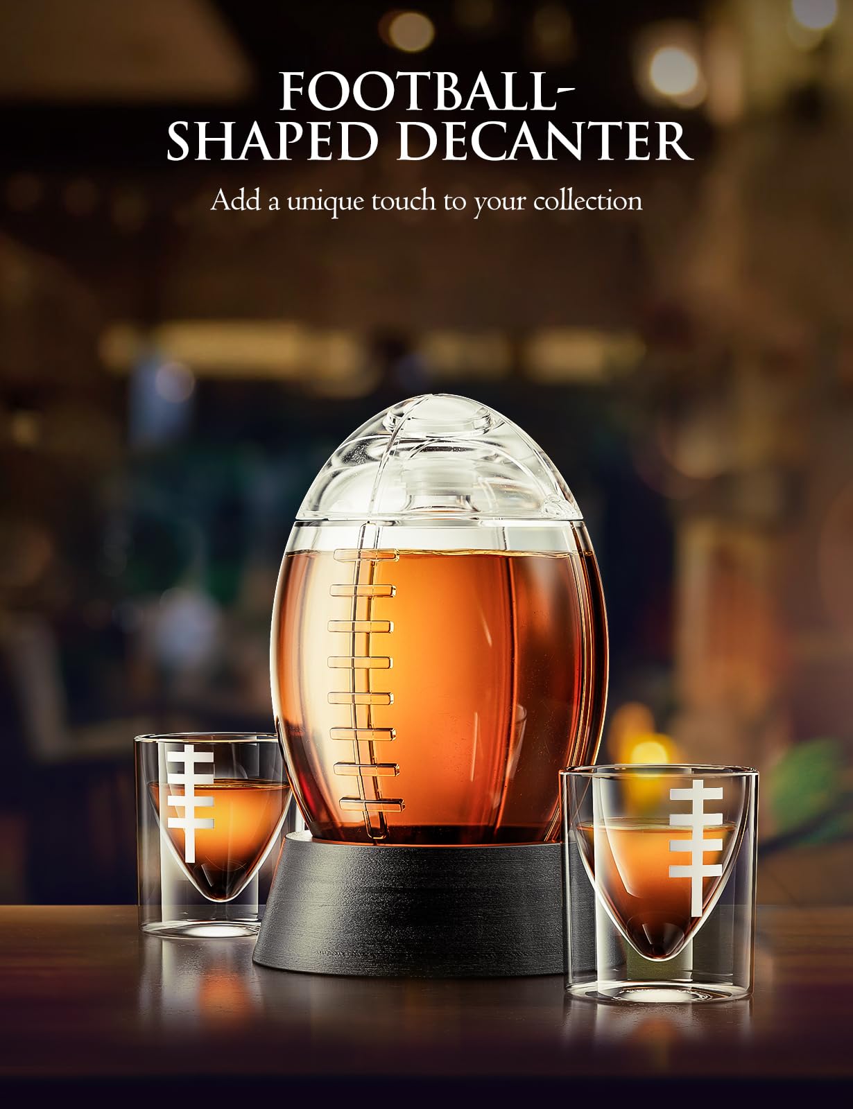 The Wine Things football decanter features wood uprights and refined details.
