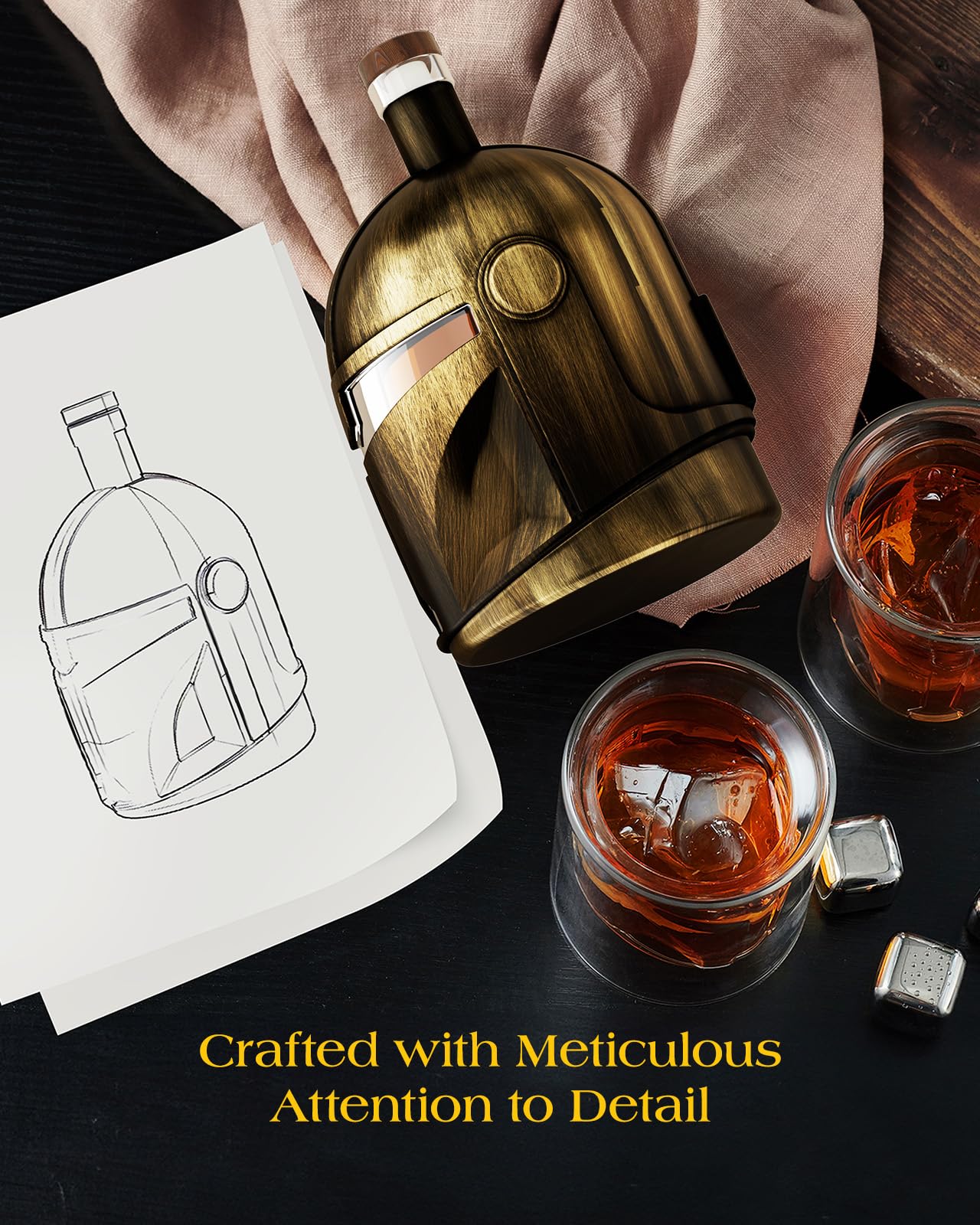 The Wine Things Galaxy decanter with glasses elevates whiskey serving in a modern home bar.