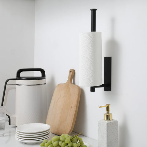 theaoo adhesive installation paper towel holder, matte black, easy attachment for quick setup.