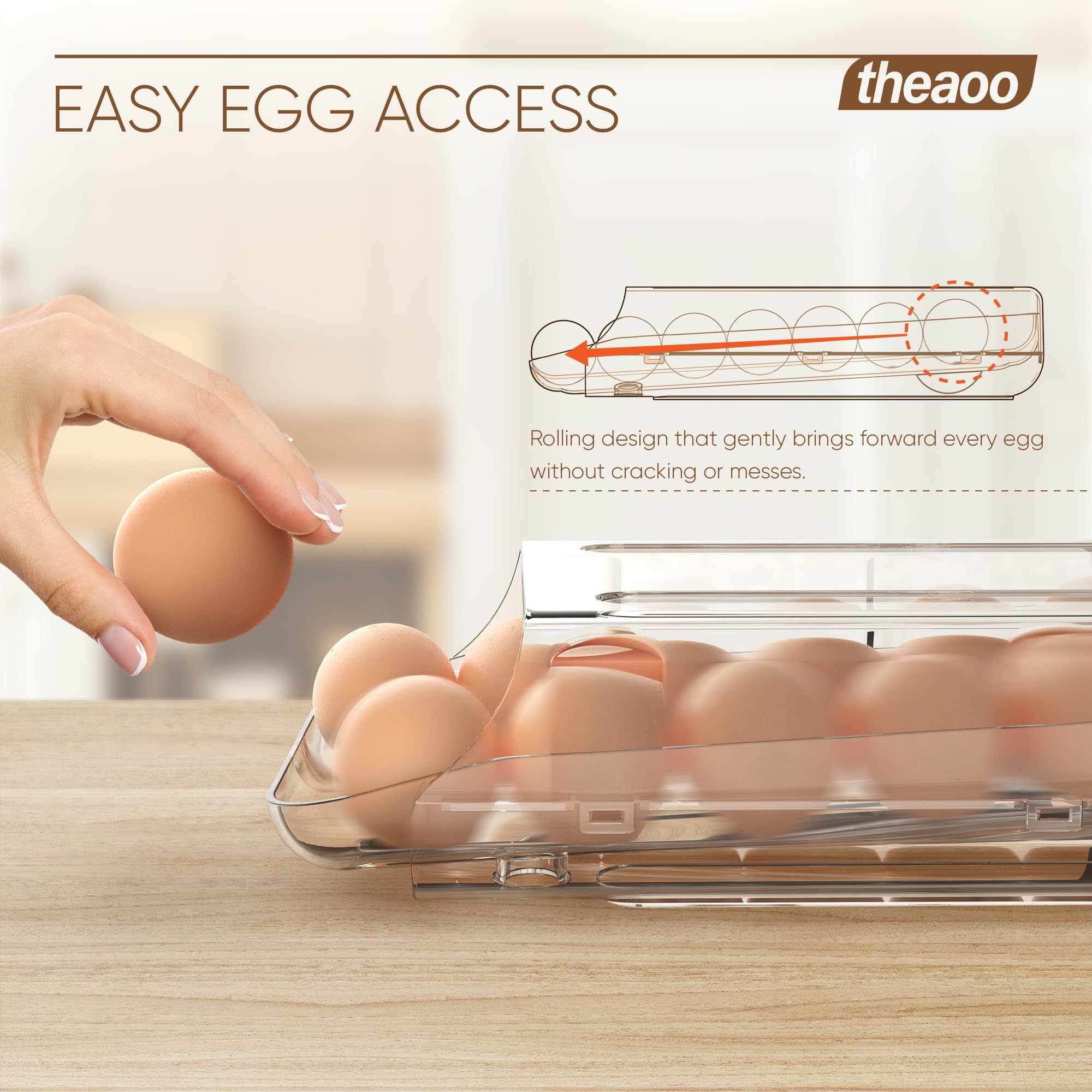 theaoo egg dispenser in clear plastic shows egg count at a glance.