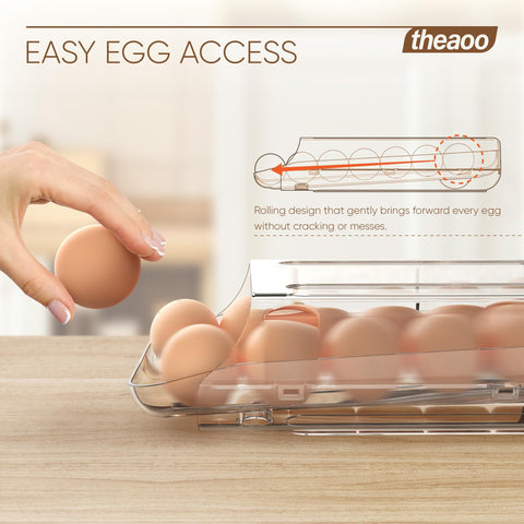theaoo egg dispenser in clear plastic shows egg count at a glance.