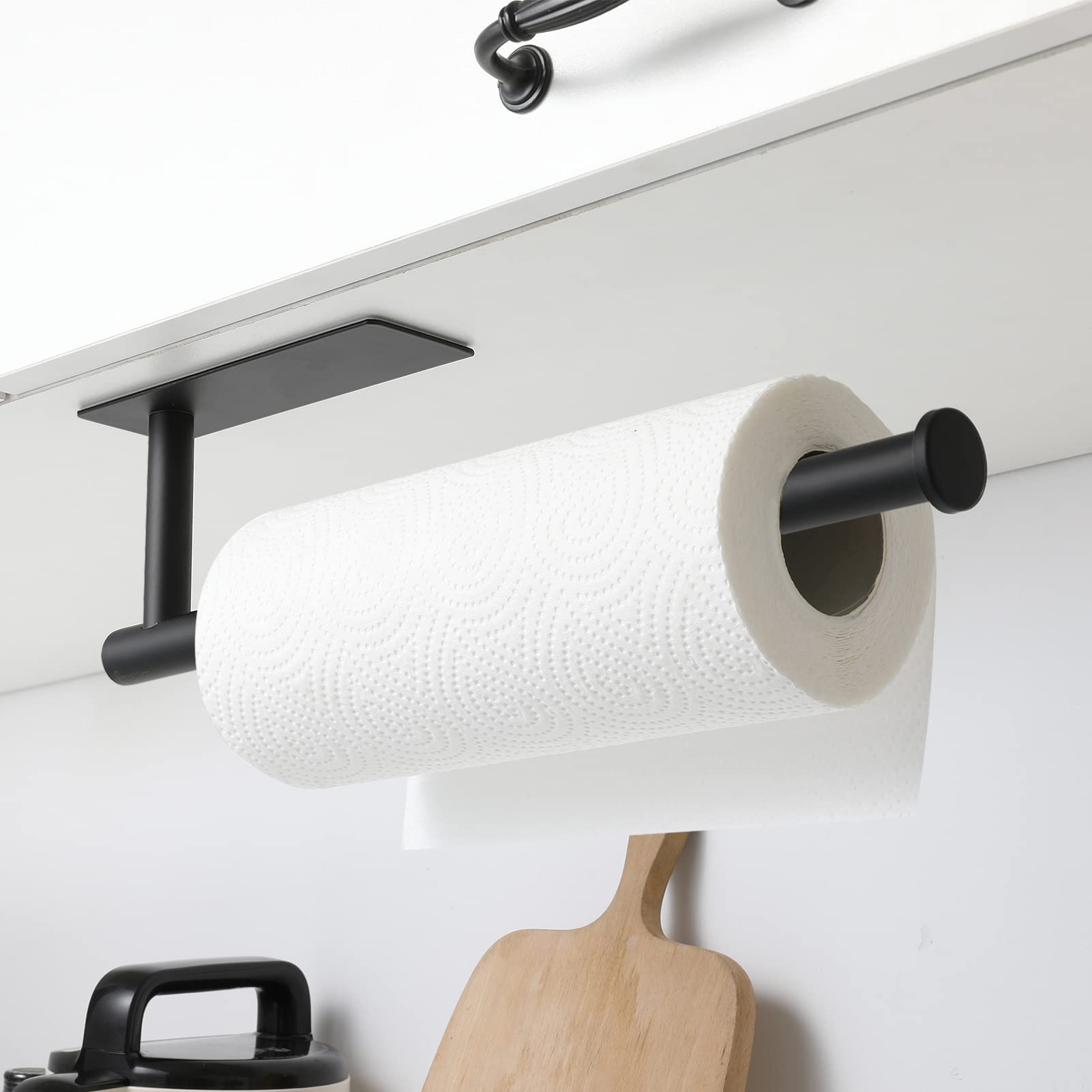 theaoo wall-mounted paper towel holder, matte black, side view keeps towels accessible.