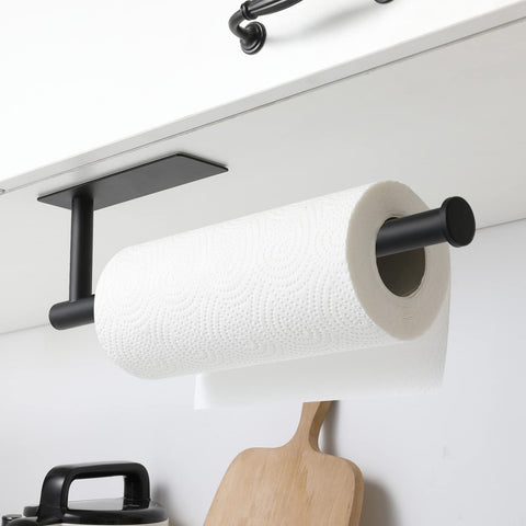 theaoo wall-mounted paper towel holder, matte black, side view keeps towels accessible.