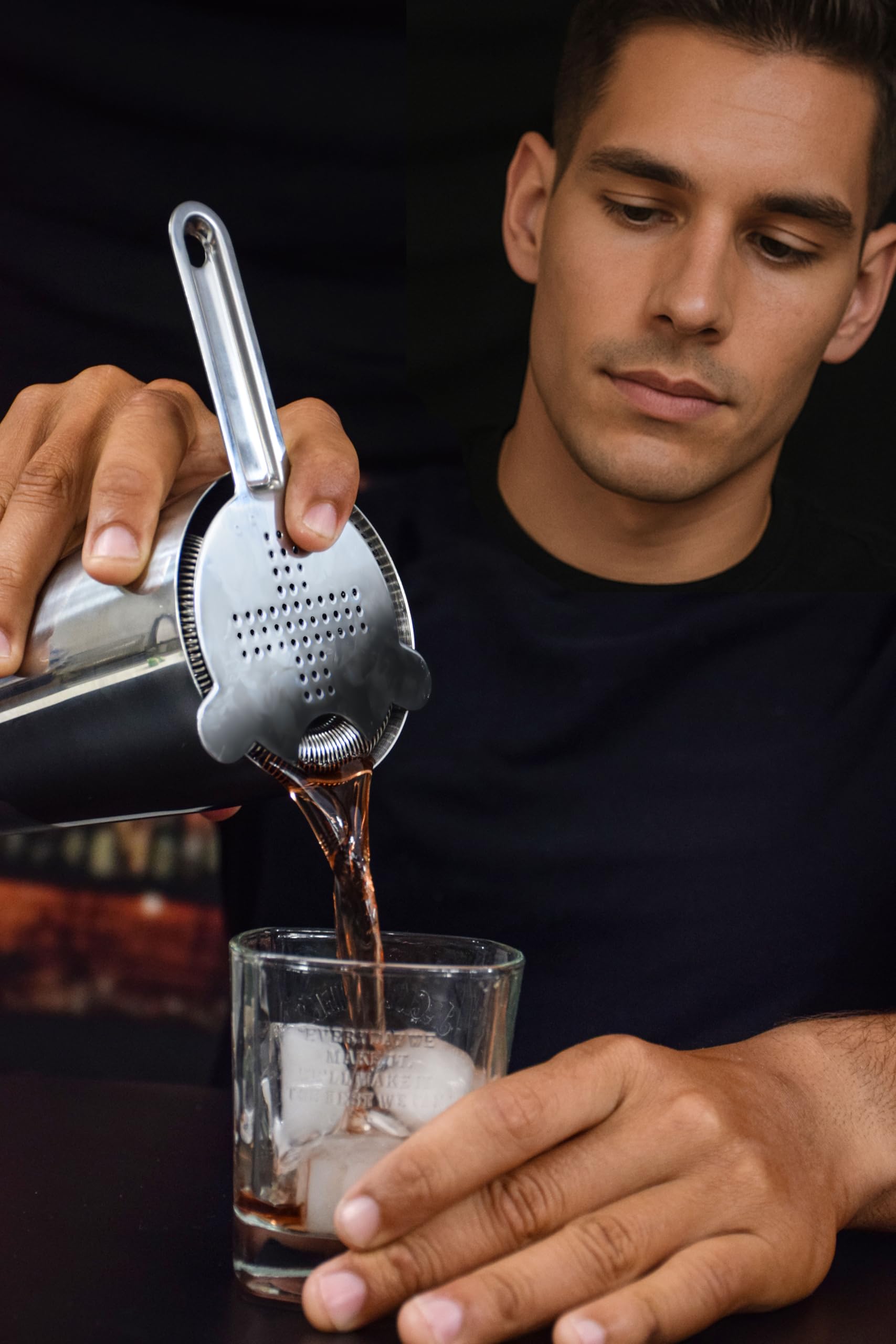 The Barsentials fine-mesh sifter blocks ice shards for pristine pours.