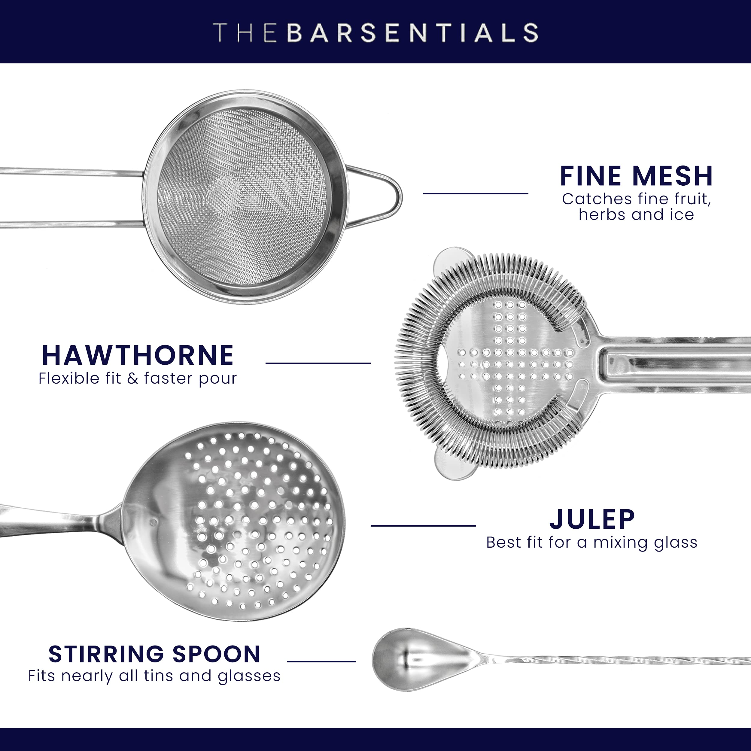 The Barsentials julep strainer for efficient straining in mixing glasses.