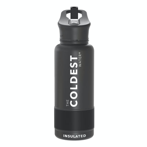 The Coldest Water stealth black 32oz bottle with straw lid keeps drinks cold.