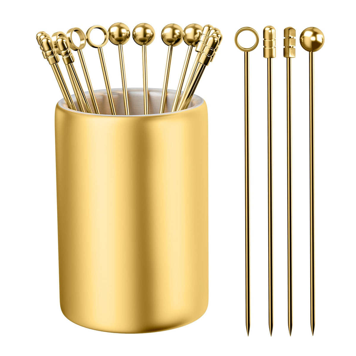 Thecosky metal cocktail picks gold 12-pack with holder for premium presentation.