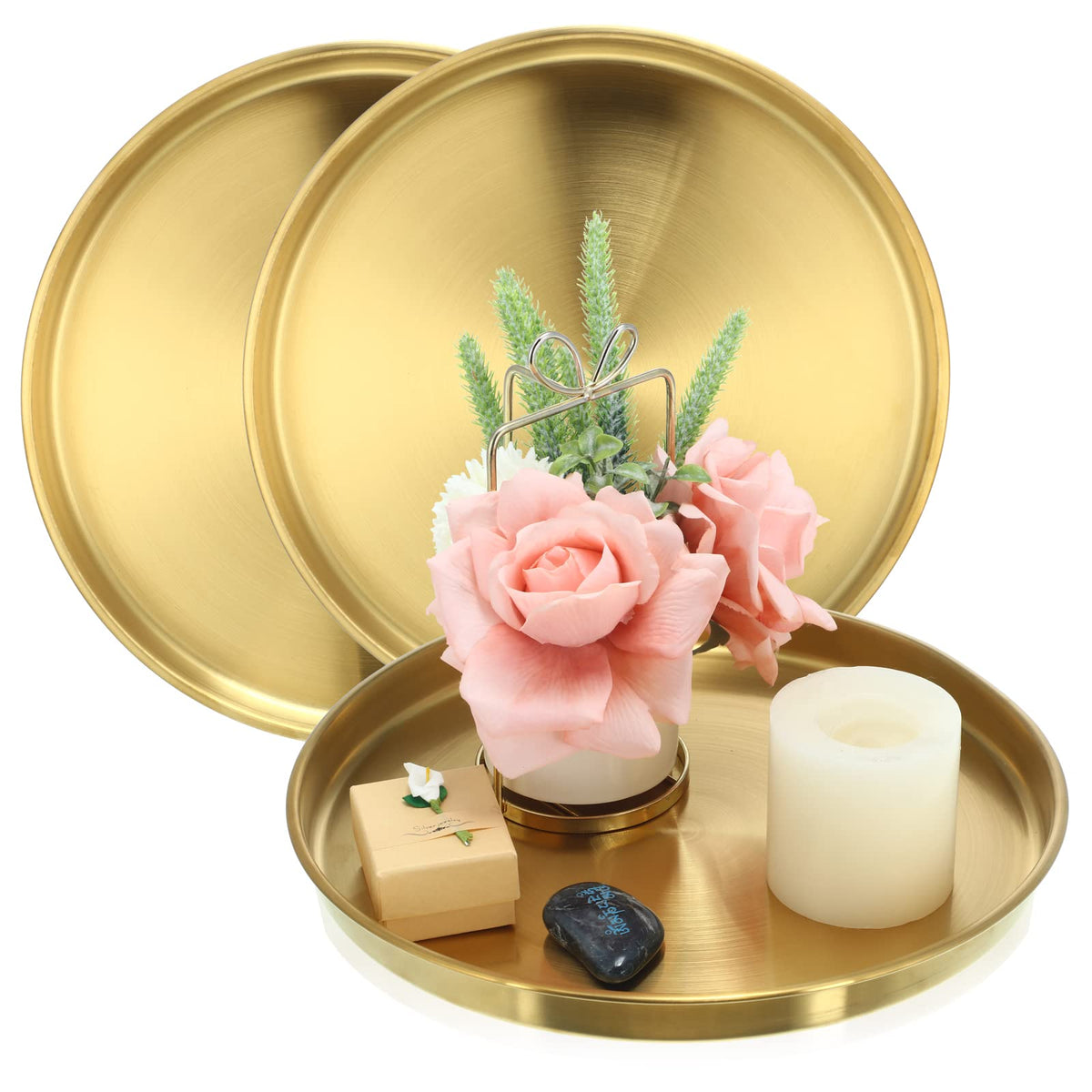 Thenshop gold round tray collection enhances vanity with vintage brass sheen.