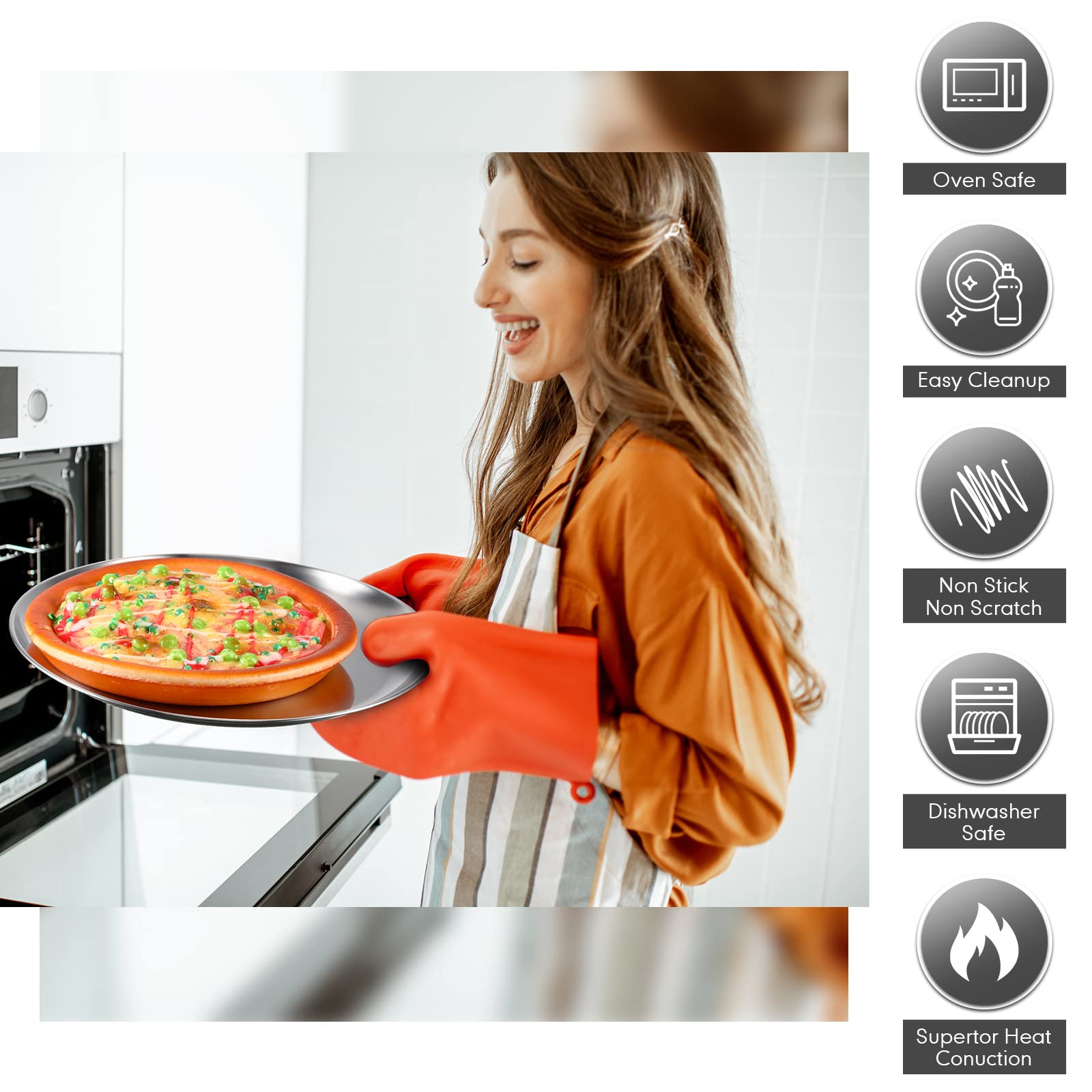 Thenshop pizza pan with mirror finish, anti-stick release for easy cleanup.