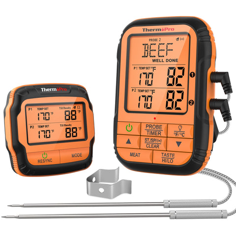 ThermoPro TP28 dual-probe setup for precise meat and ambient temps.