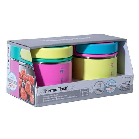 Two-pack ThermoFlask food jars in pink and blue ready for school, work, or travel.