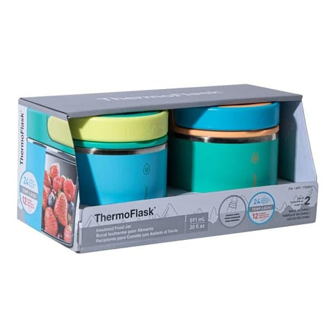 ThermoFlask lunchbox-ready jar shown in backpack for commuting snacks.