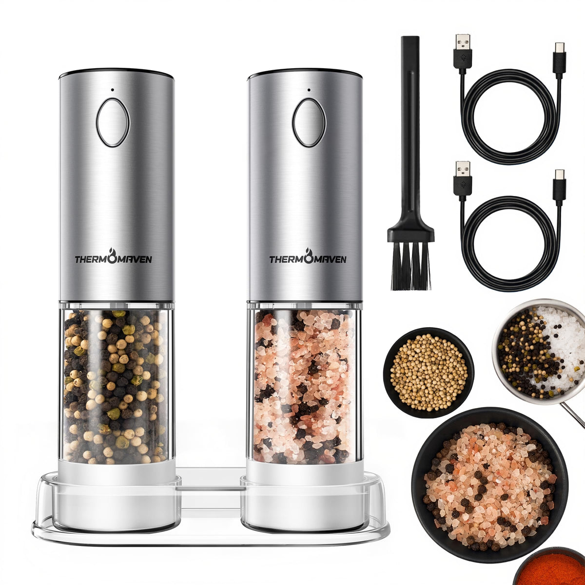 ThermoMaven salt and pepper grinder set in upscale packaging, ideal as a thoughtful gift.