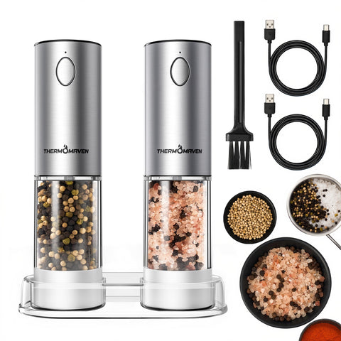 ThermoMaven salt and pepper grinder set in upscale packaging, ideal as a thoughtful gift.