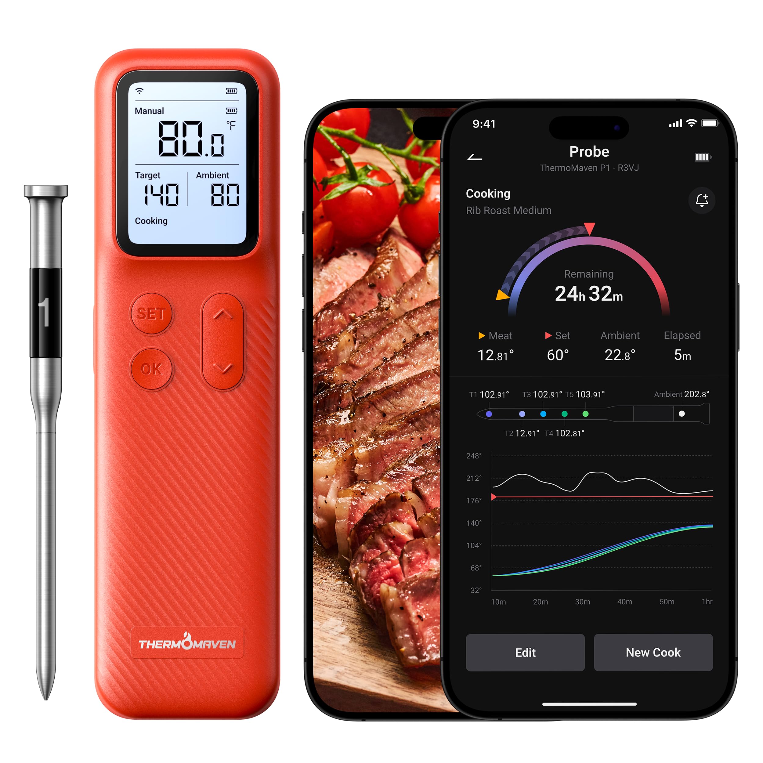 ThermoMaven base display shows real-time temps for quick grilling decisions.