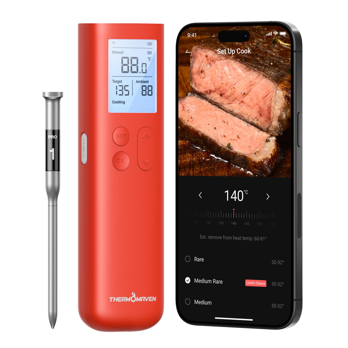 ThermoMaven smart display base with real-time readings for hands-free cooking.