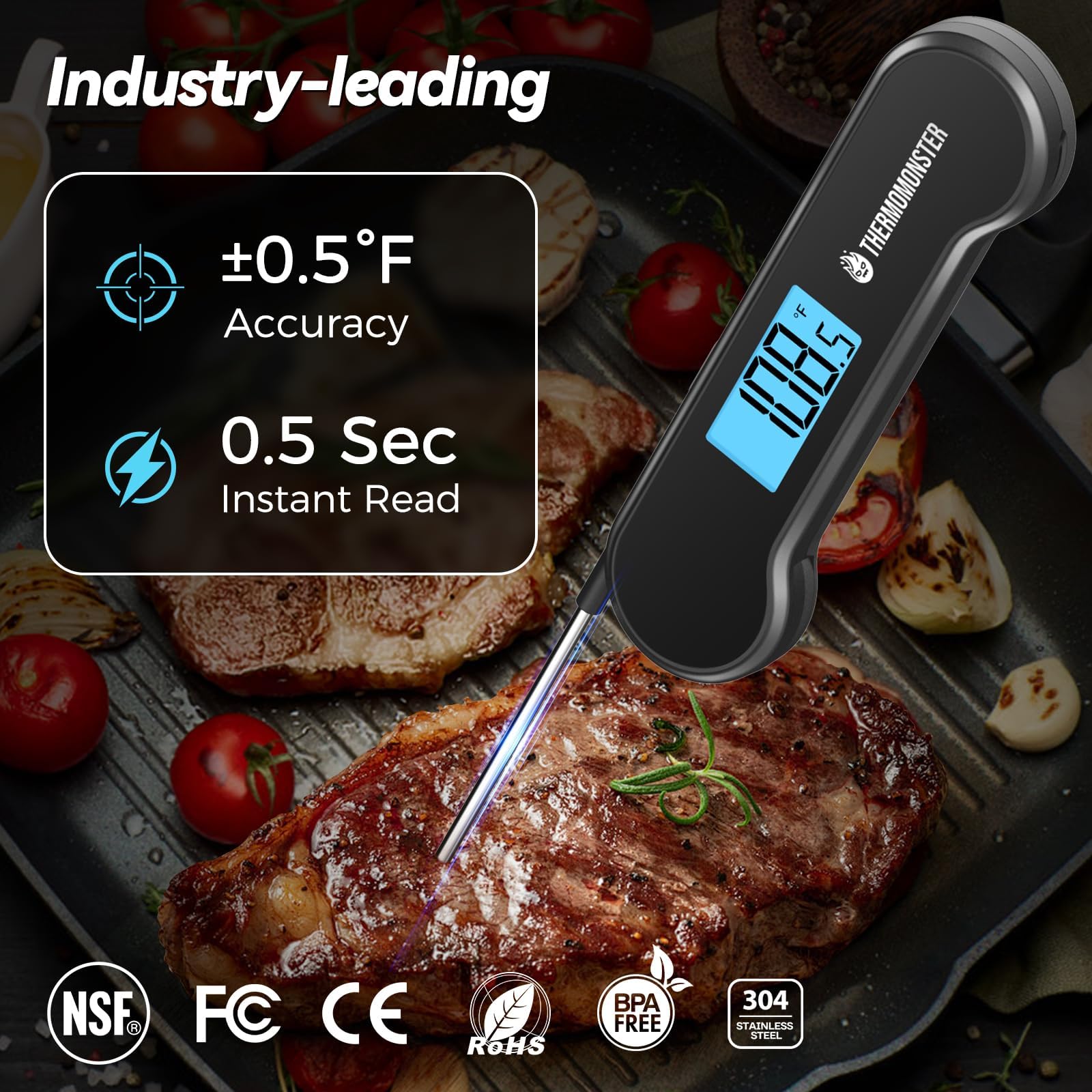 ThermoMonster 4-inch probe keeps hands away from heat while cooking.