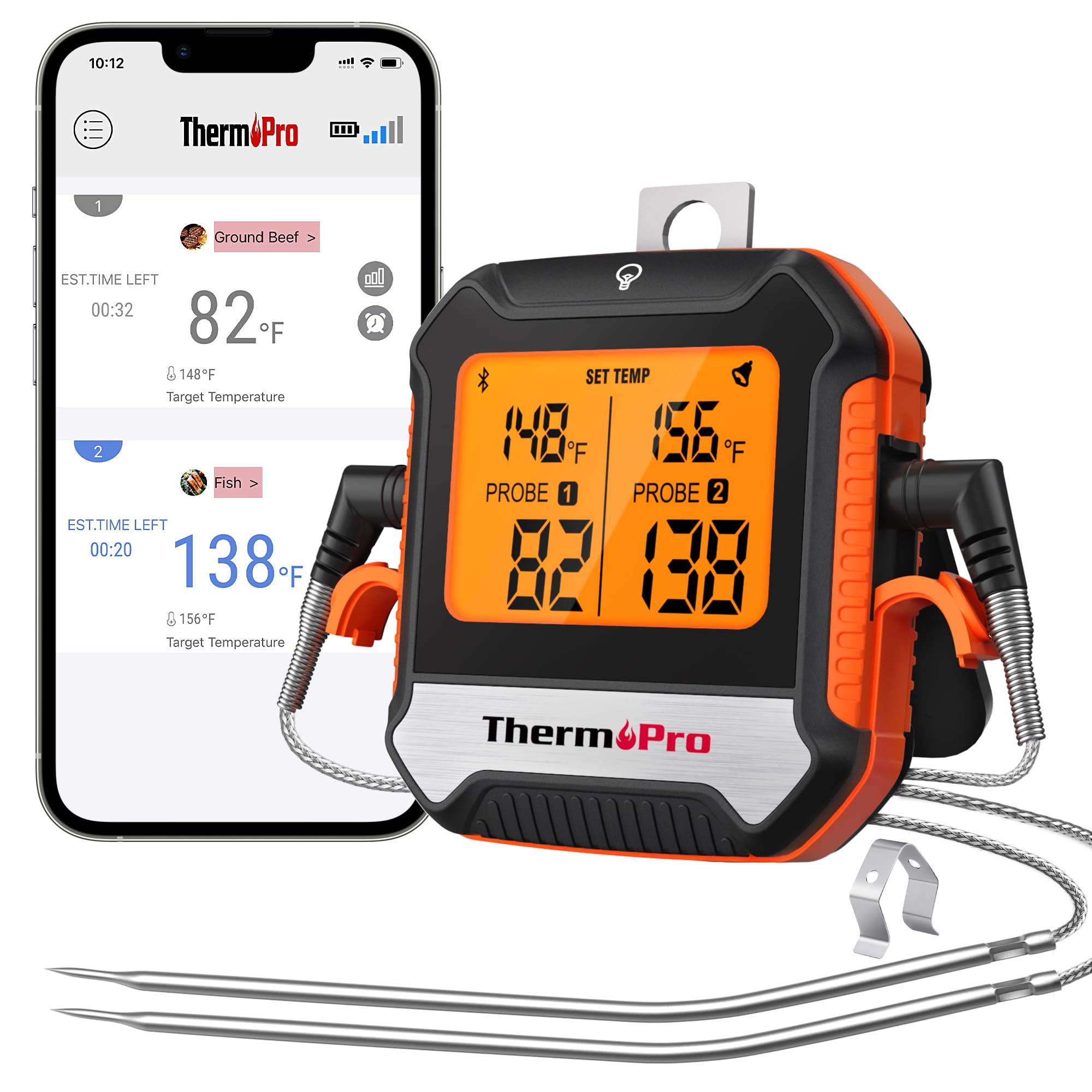 ThermoPro 450 ft Bluetooth thermometer with dual probes for precise grilling.
