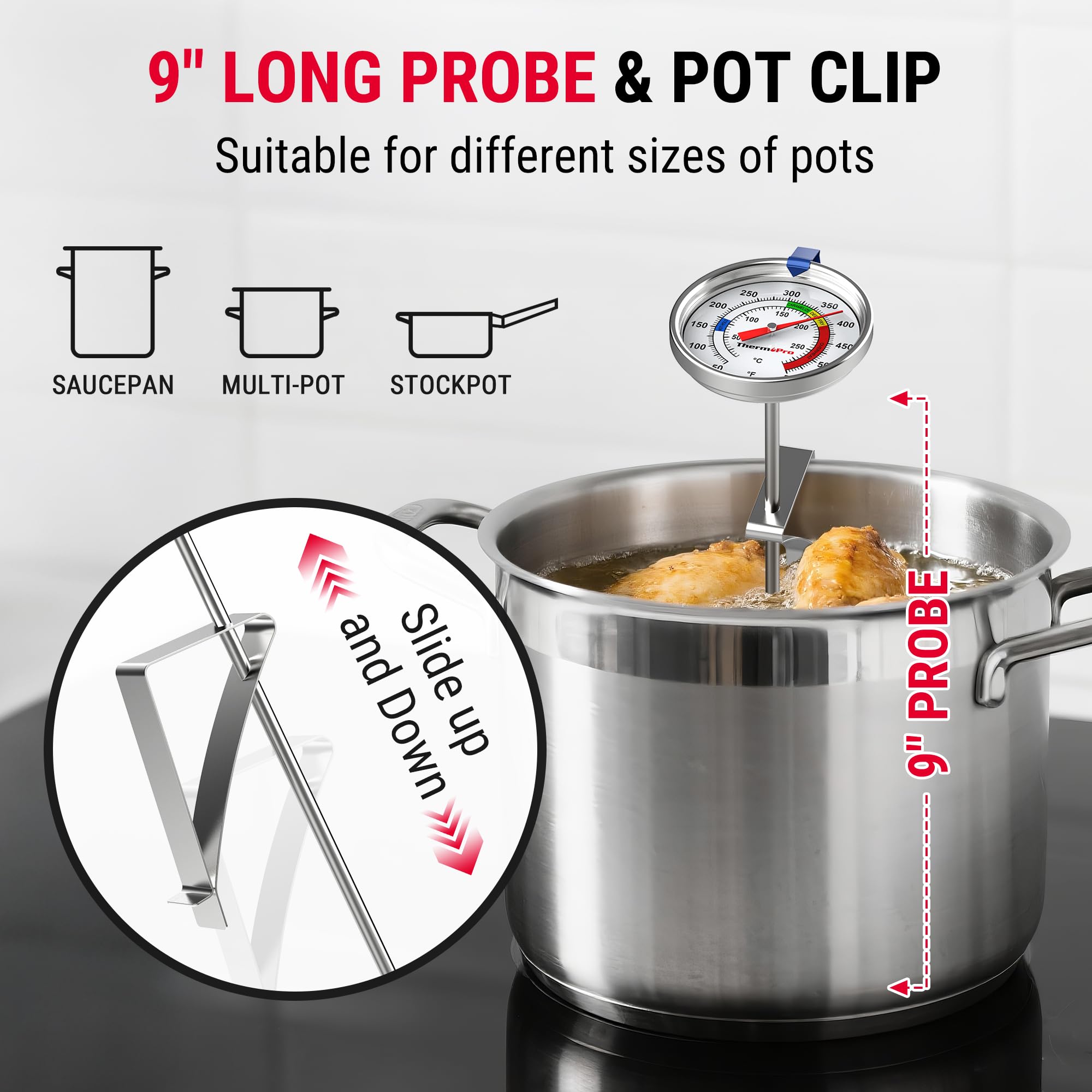 ThermoPro battery-free sealed dial and stainless steel body for durability.