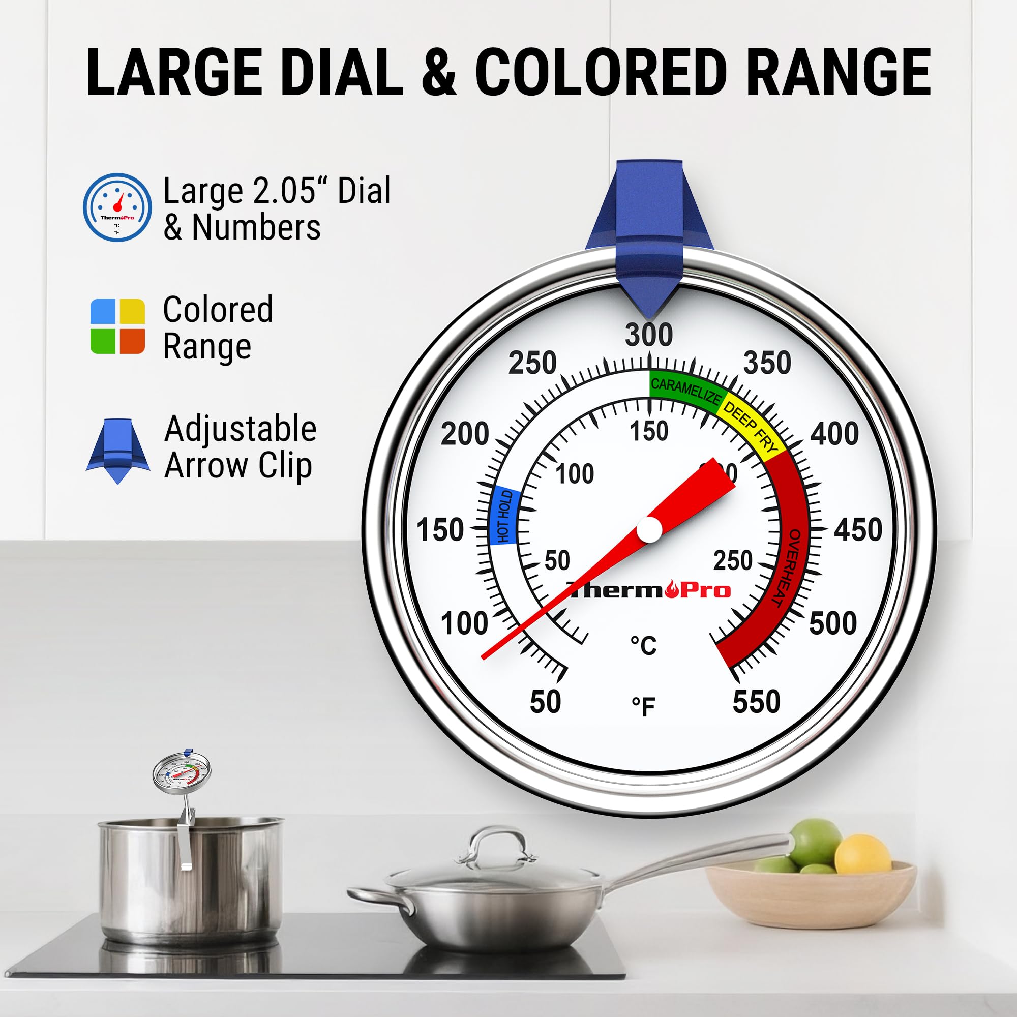 ThermoPro easy-read dial with colored zones for quick temperature checks.