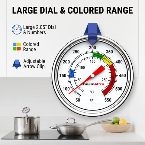 ThermoPro easy-read dial with colored zones for quick temperature checks.