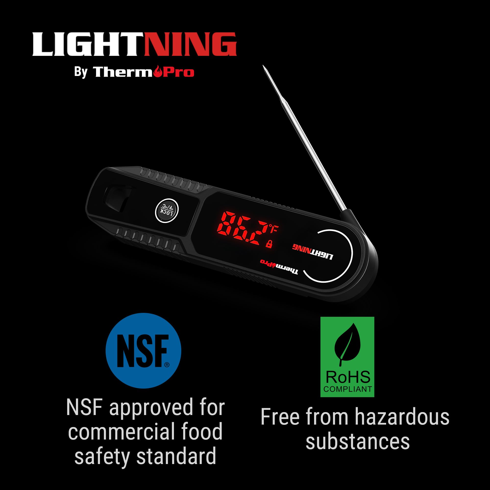 ThermoPro Lightning rotating backlit display for day or night visibility.