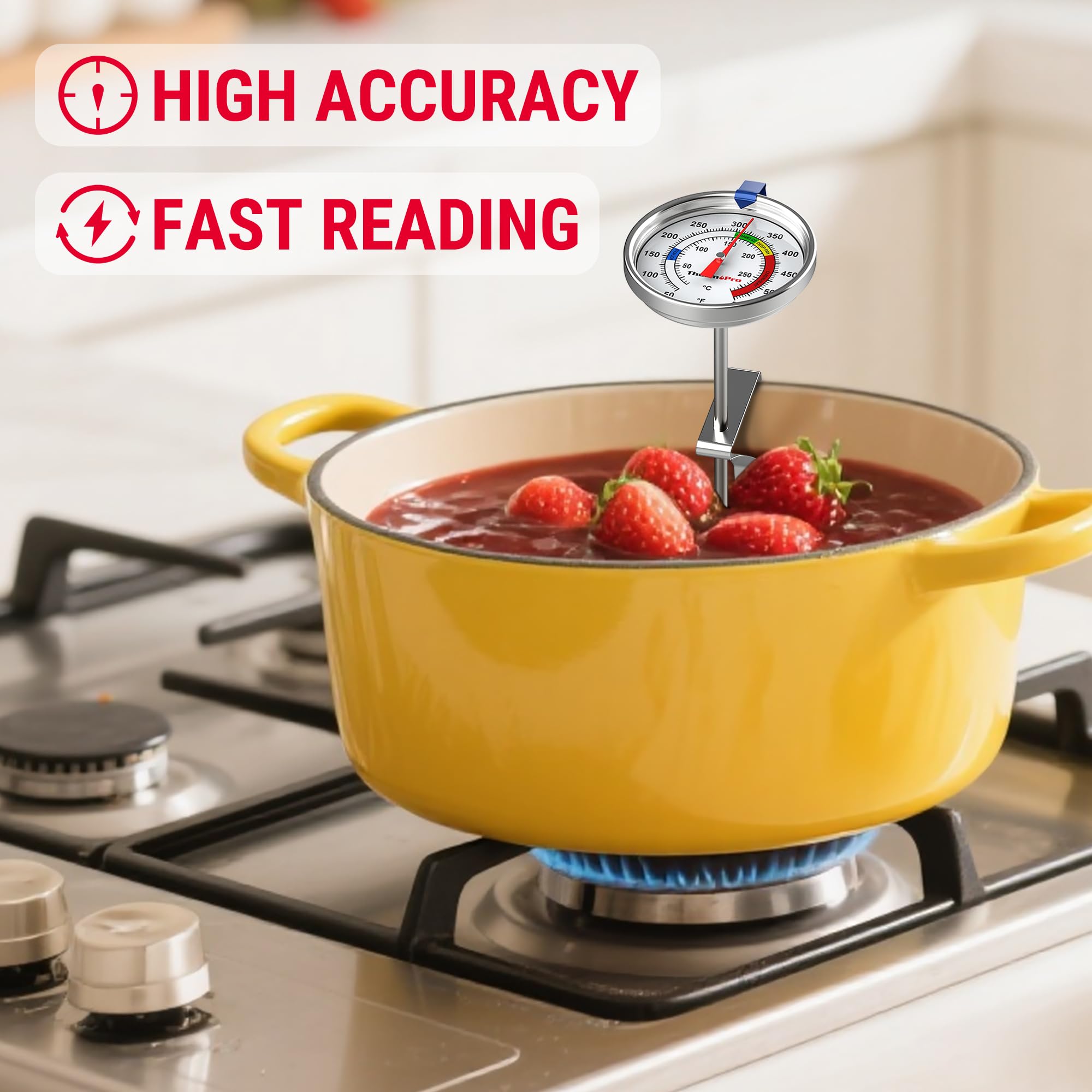 ThermoPro pot clip securing the thermometer to a pot for safe frying.