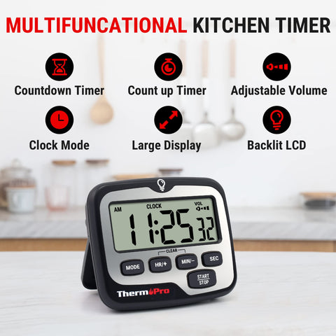 ThermoPro TM01 timer with touch backlit display for easy viewing in dim conditions.