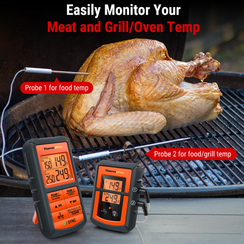 ThermoPro TP08 dual-probe setup monitors meat and ambient temperature.