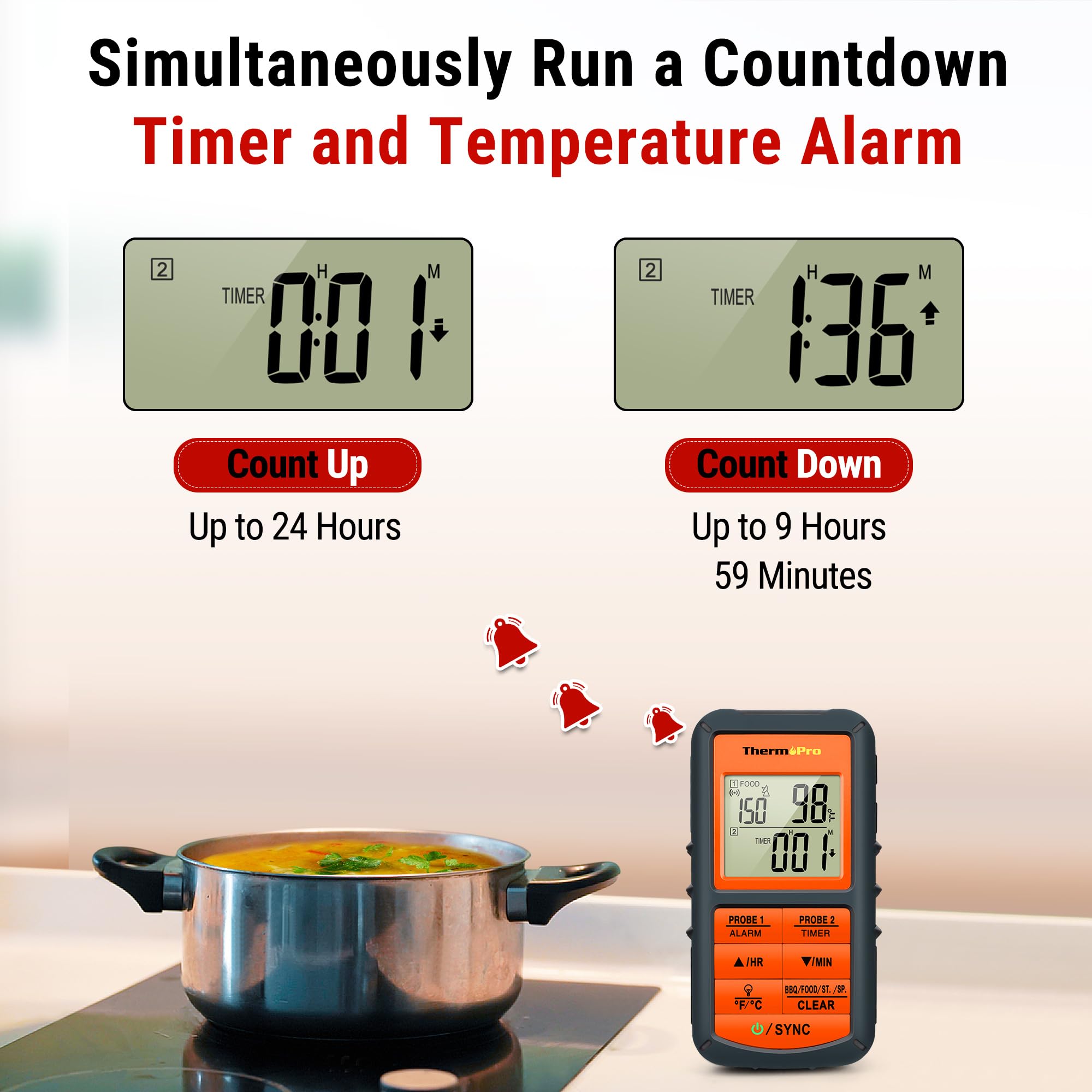 ThermoPro TP08 built-in timer helps track the full meal.