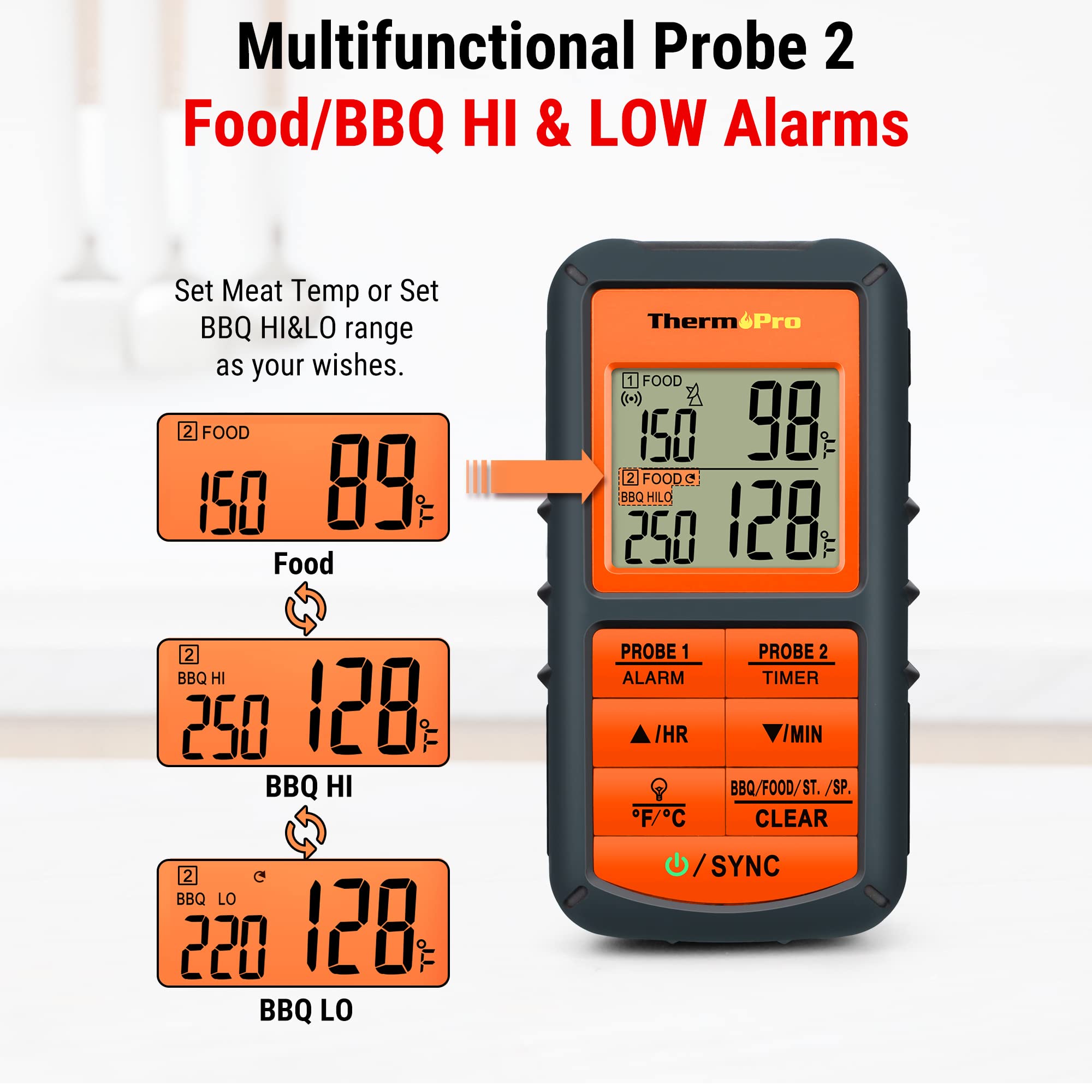 ThermoPro TP08 customizable alarms for precise cooking control.