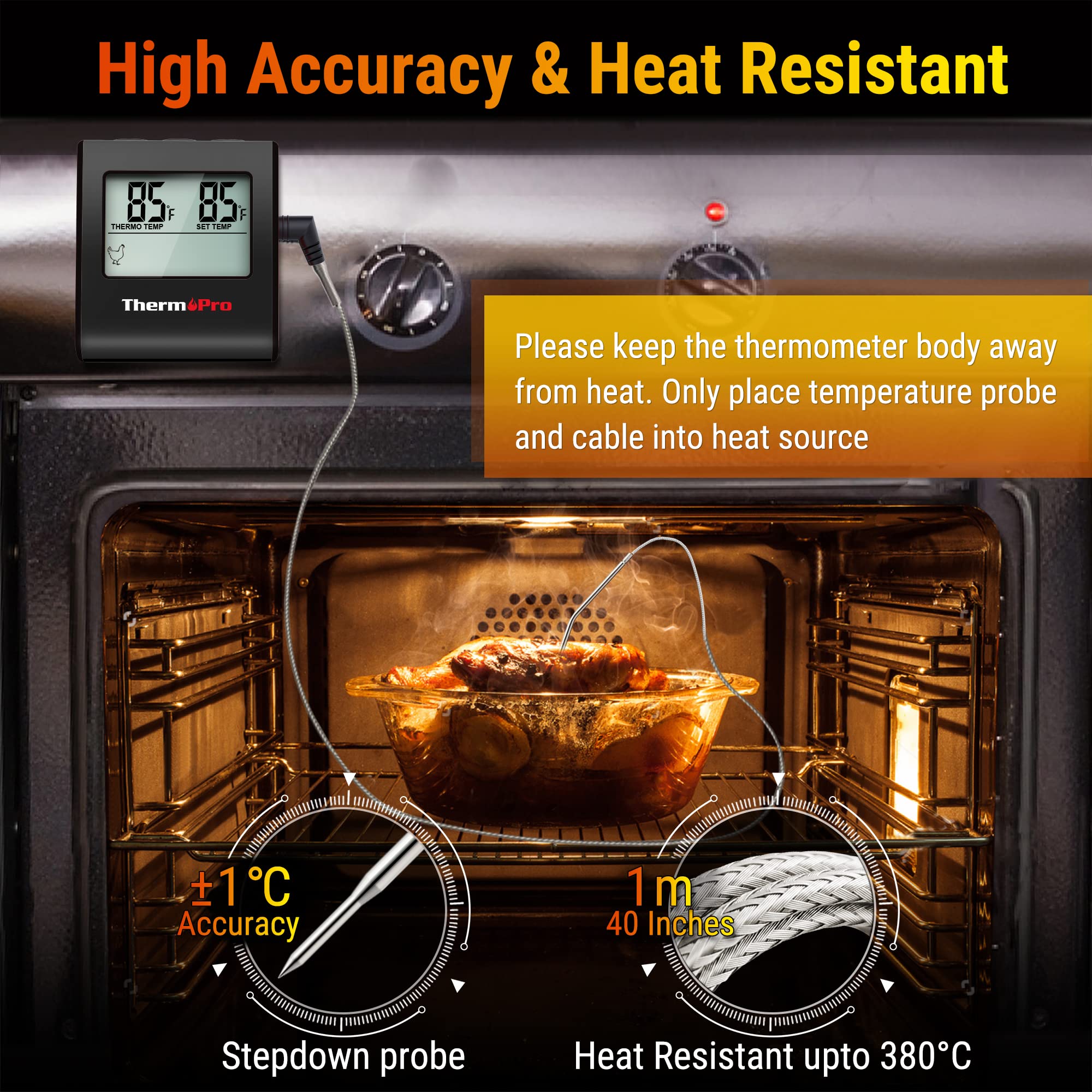 ThermoPro TP16 40-inch cable allows safe measurement from outside the oven