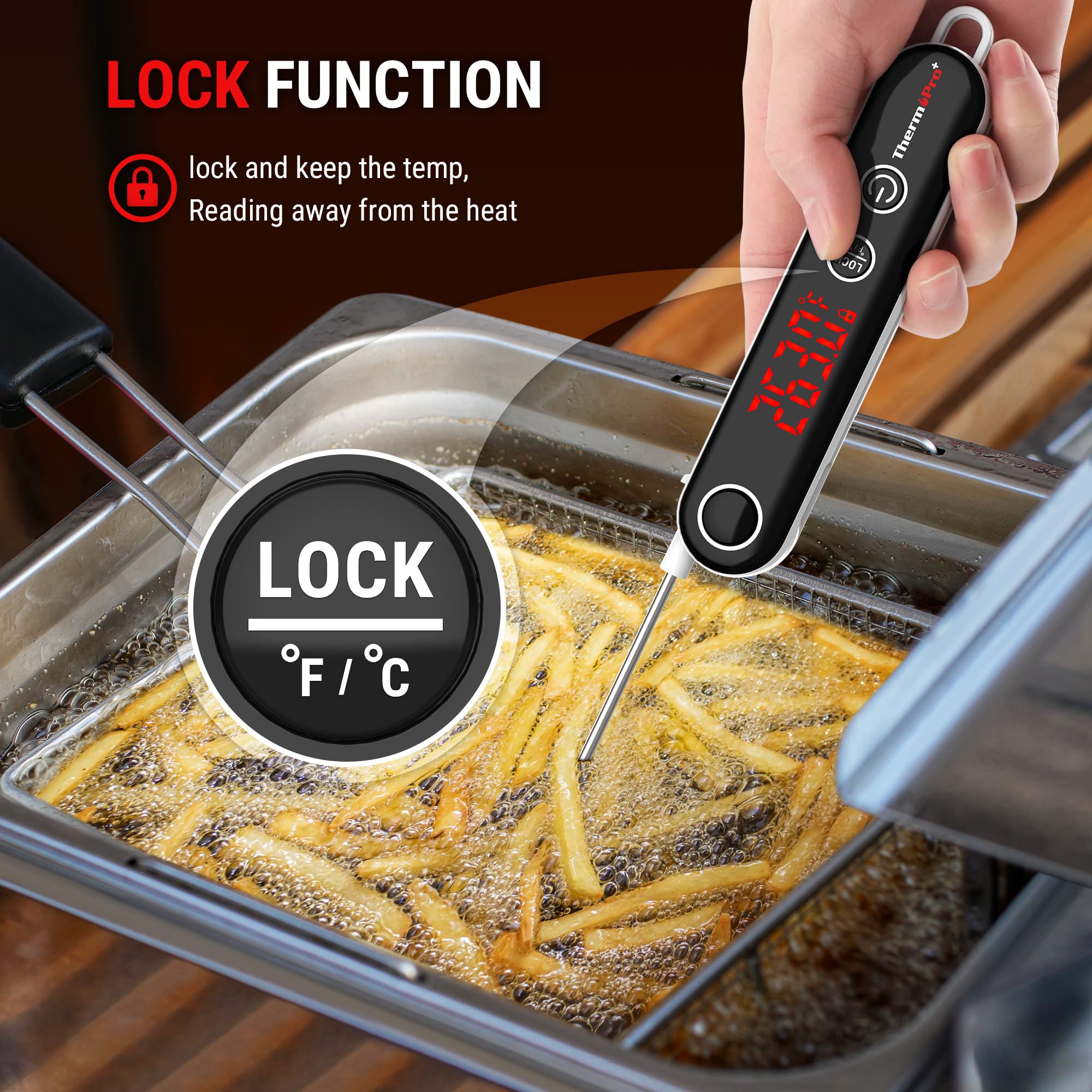 ThermoPro TP18 backlit display enables easy reading in dim kitchens.