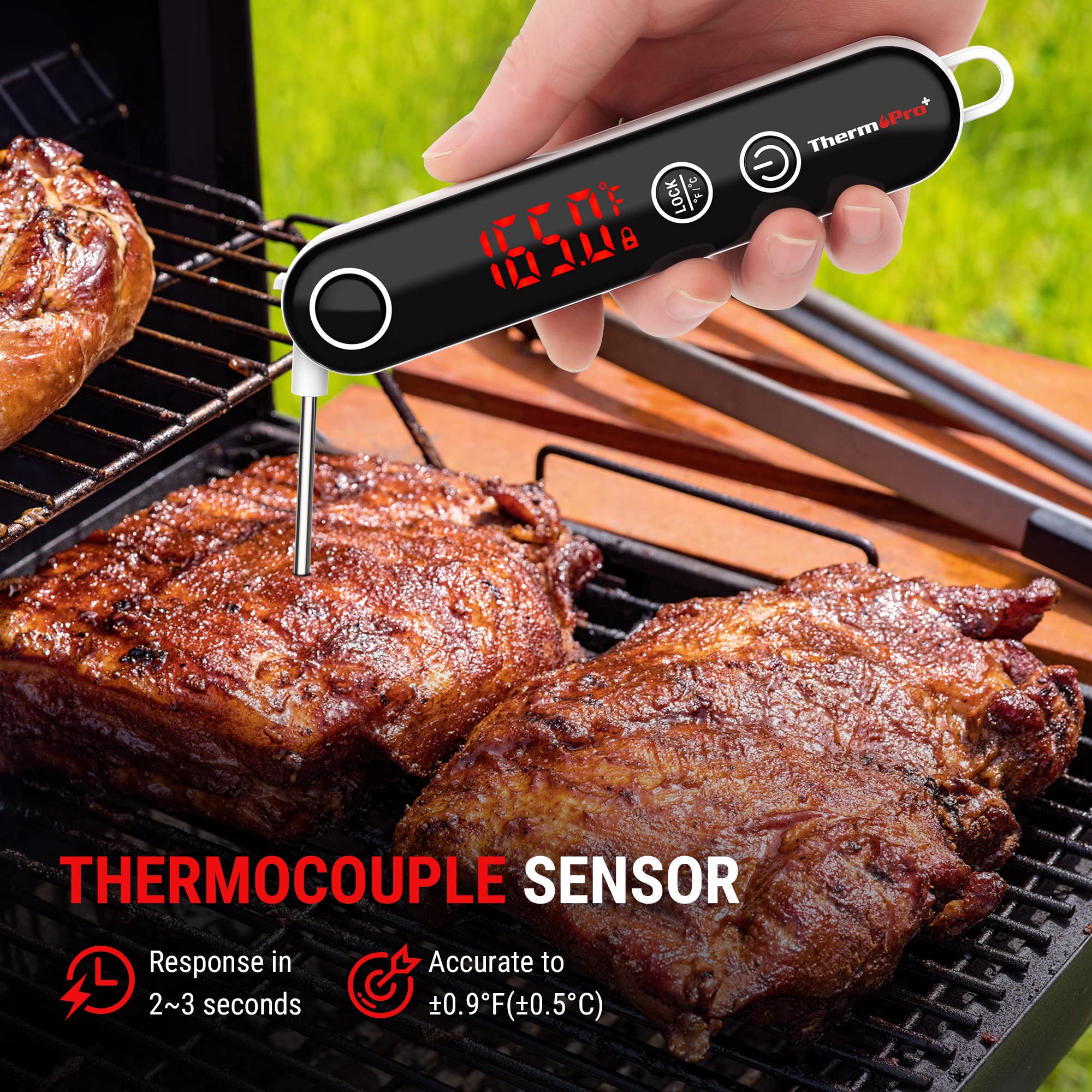 ThermoPro TP18 probe tip close-up highlights quick, accurate temperature readings.