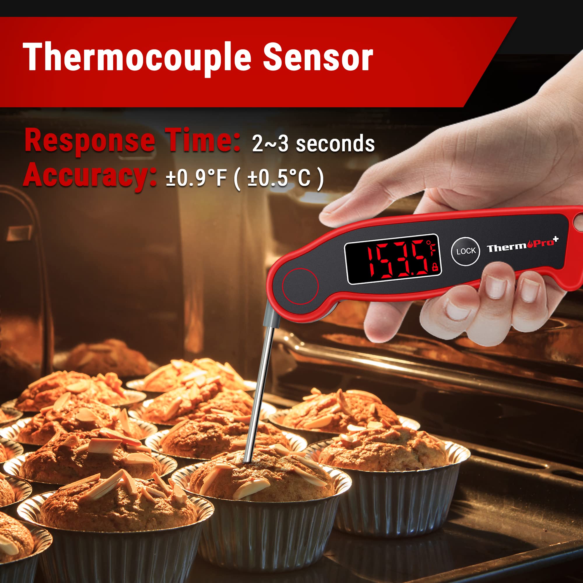 ThermoPro TP19 quick-read thermocouple delivers fast, precise readings for doneness.