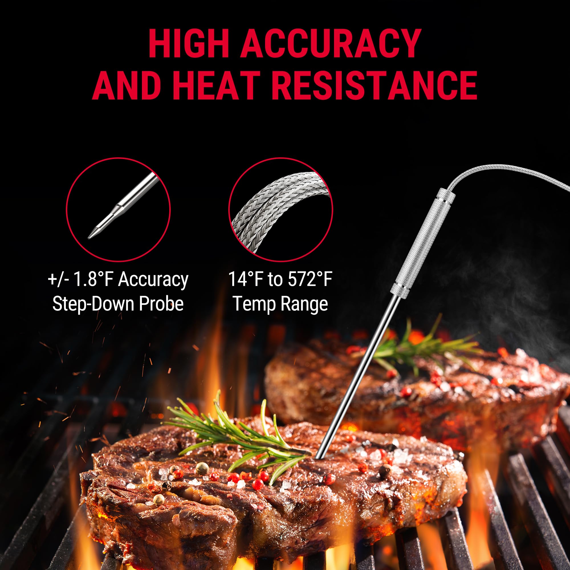 ThermoPro TP20 stainless steel probes deliver precise, durable readings.