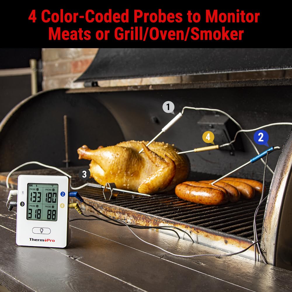 ThermoPro TP25 four-probe setup enables simultaneous monitoring of meats and ambient temperature.