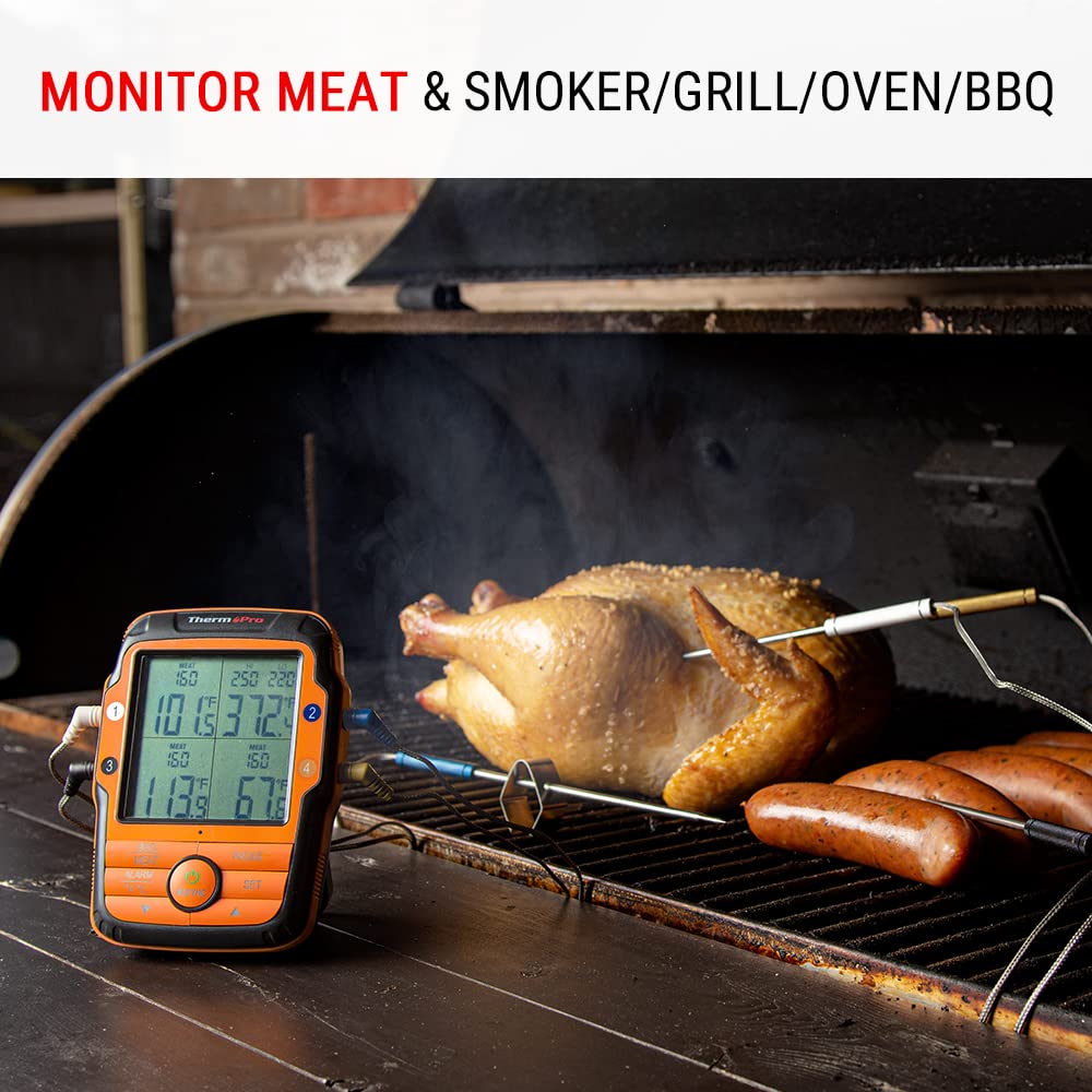 ThermoPro TP27 shows four probes monitoring multiple meats at once.